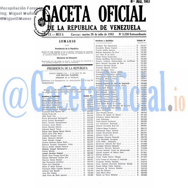 Gaceta Oficial 3226 del 26 Julio 1983