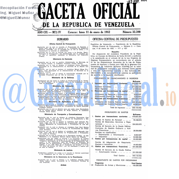 Gaceta Oficial 32390 del 11 Enero 1982