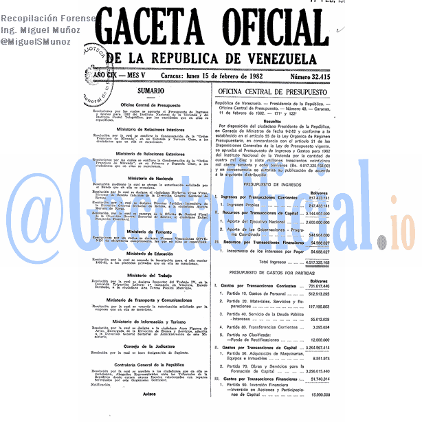 Gaceta Oficial 32415 del 15 Febrero 1982