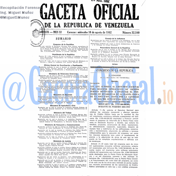 Gaceta Oficial 32540 del 18 Agosto 1982