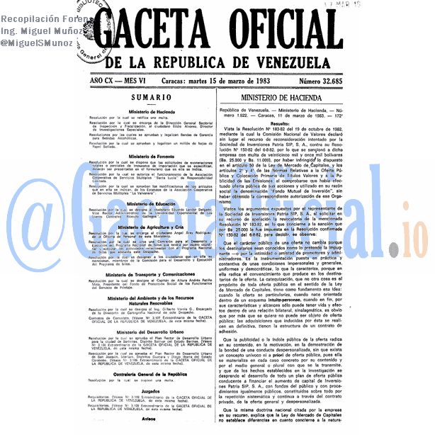 Gaceta Oficial 32685 del 15 Marzo 1983