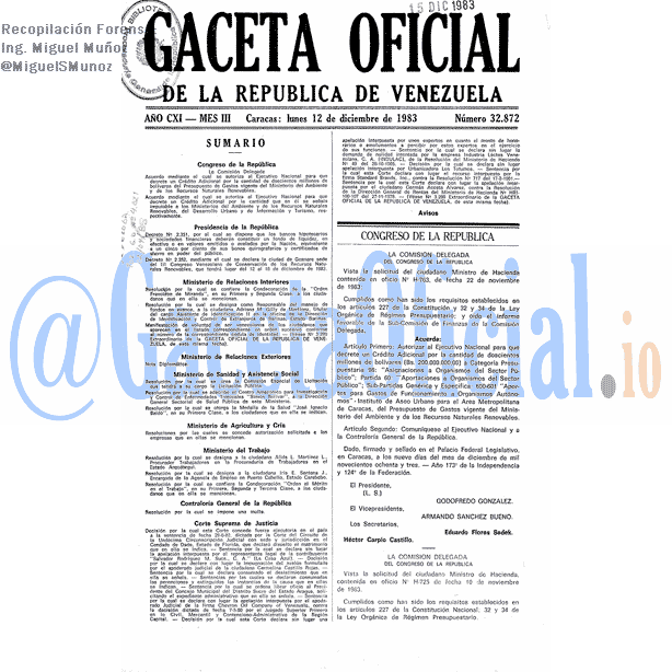 Gaceta Oficial 32872 del 12 Diciembre 1983