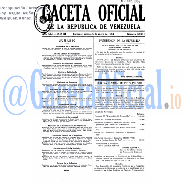 Gaceta Oficial 32891 del 6 Enero 1984