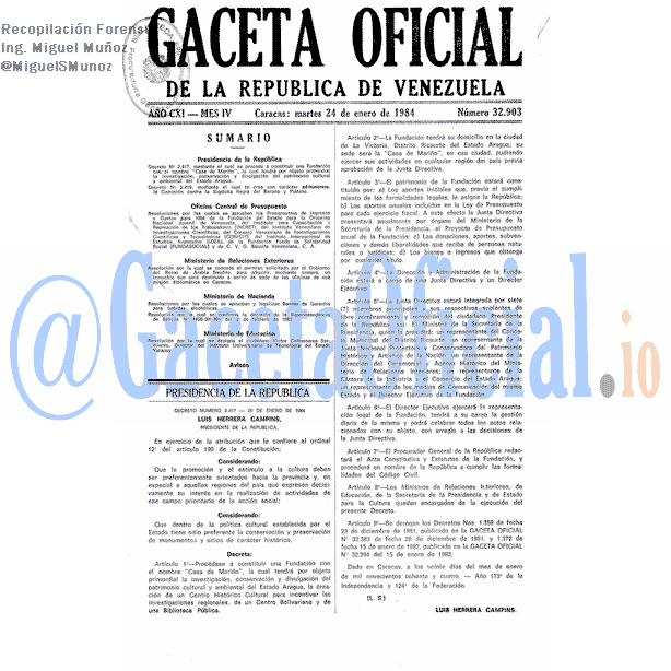 Gaceta Oficial 32903 del 24 Enero 1984