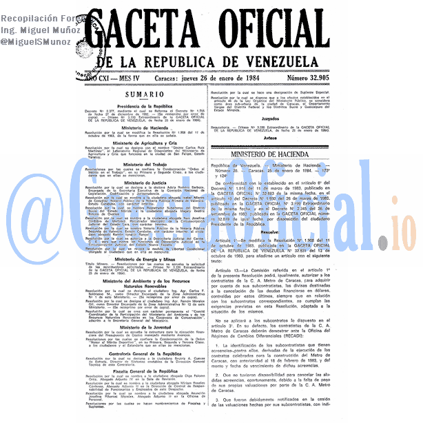 Gaceta Oficial 32905 del 26 Enero 1984