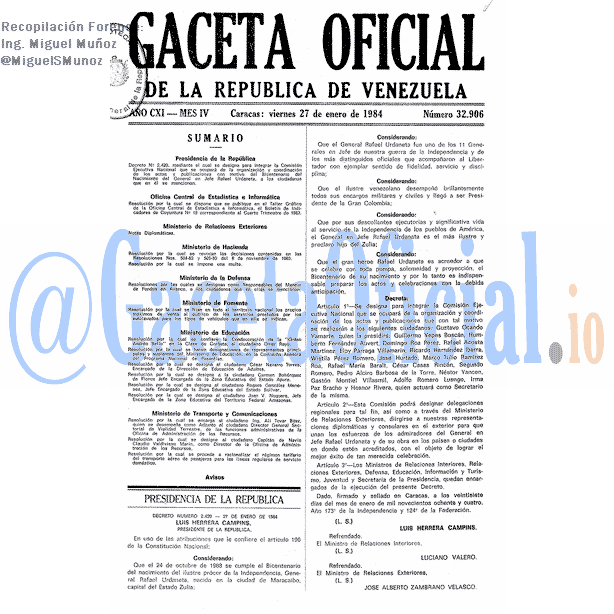 Gaceta Oficial 32906 del 27 Enero 1984