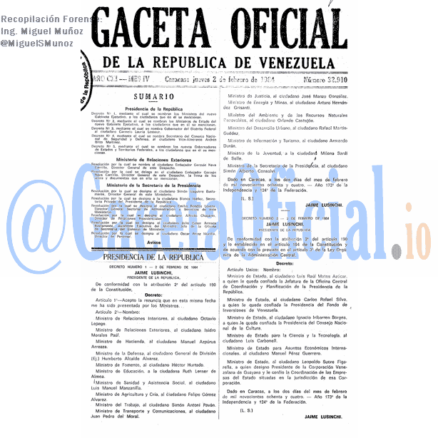 Gaceta Oficial 32910 del 2 Febrero 1984