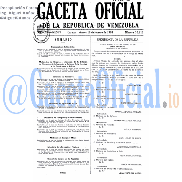 Gaceta Oficial 32916 del 10 Febrero 1984