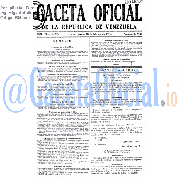 Gaceta Oficial 32920 del 16 Febrero 1984