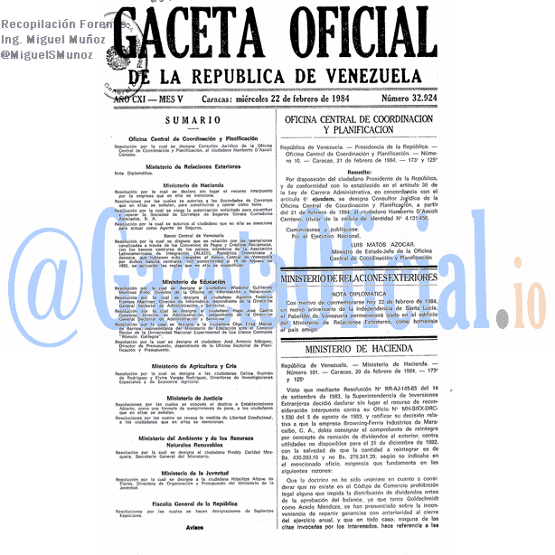 Gaceta Oficial 32924 del 22 Febrero 1984