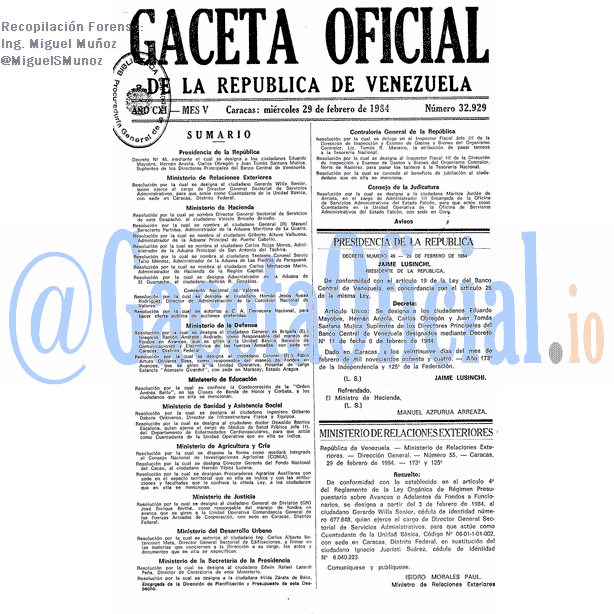 Gaceta Oficial 32929 del 29 Febrero 1984