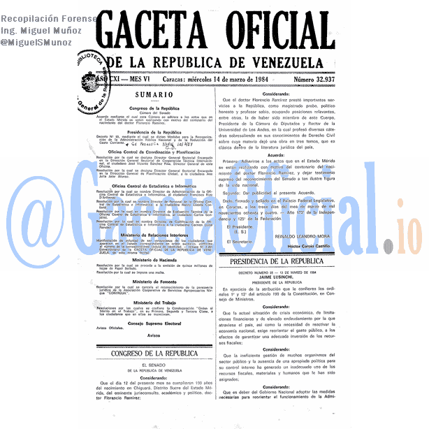 Gaceta Oficial 32937 del 14 Marzo 1984