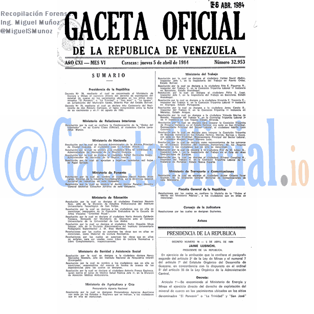 Gaceta Oficial 32953 del 5 Abril 1984
