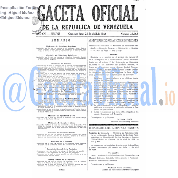 Gaceta Oficial 32962 del 23 Abril 1984