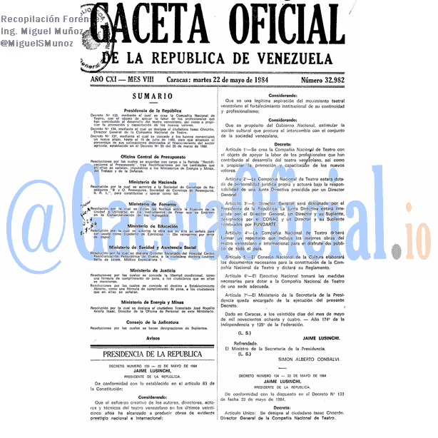 Gaceta Oficial 32982 del 22 Mayo 1984