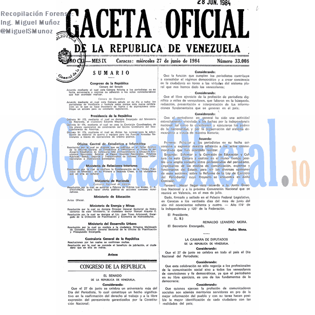 Gaceta Oficial 33008 del 27 Junio 1984