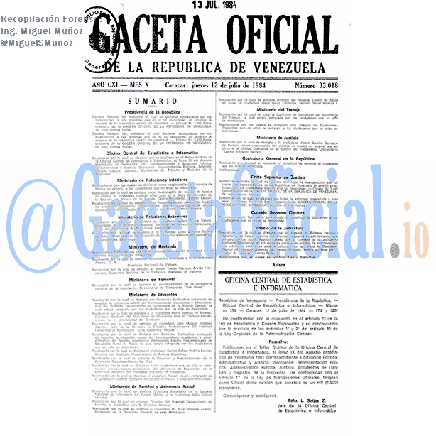 Gaceta Oficial 33018 del 12 Julio 1984