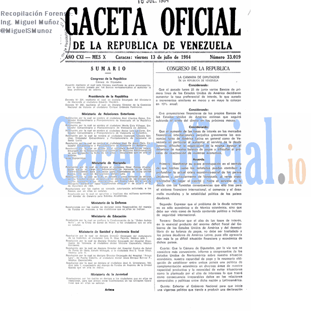 Gaceta Oficial 33019 del 13 Julio 1984