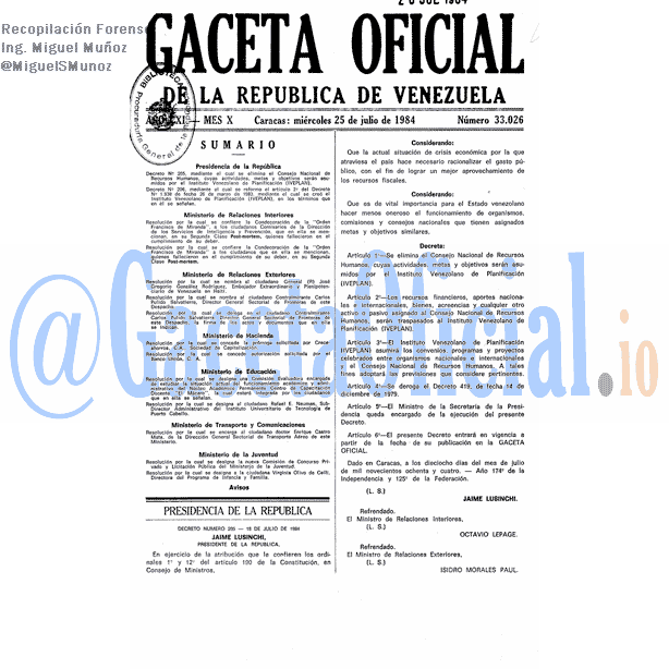 Gaceta Oficial 33026 del 25 Julio 1984