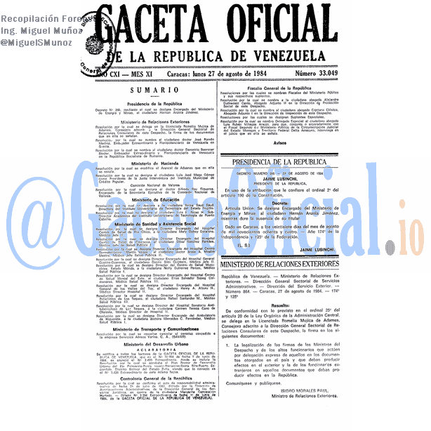 Gaceta Oficial 33049 del 27 Agosto 1984