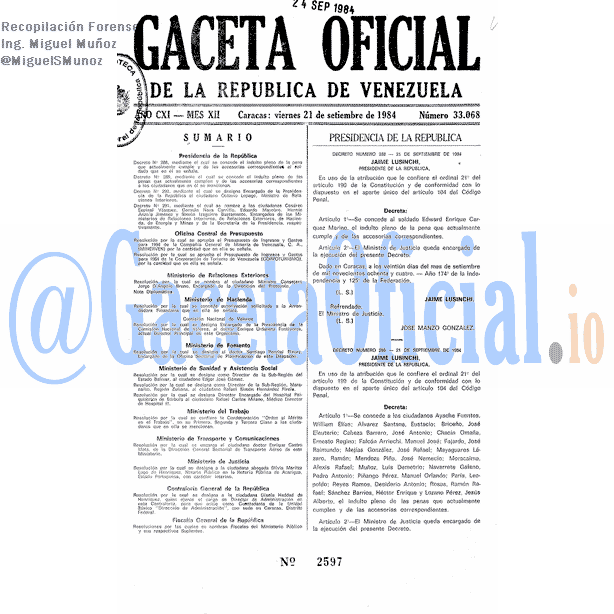 Gaceta Oficial 33068 del 21 Septiembre 1984