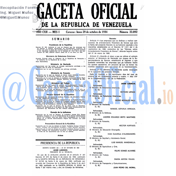 Gaceta Oficial 33092 del 29 Octubre 1984