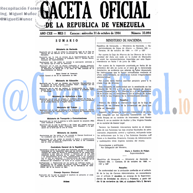 Gaceta Oficial 33094 del 31 Octubre 1984