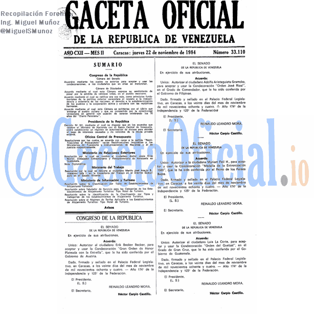 Gaceta Oficial 33110 del 22 Noviembre 1984