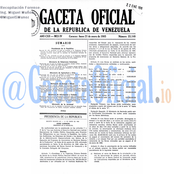 Gaceta Oficial 33148 del 21 Enero 1985