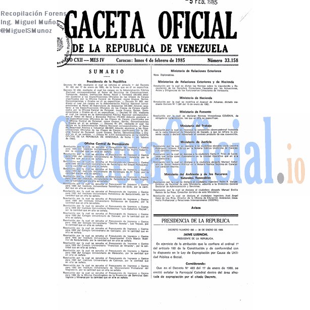 Gaceta Oficial 33158 del 4 Febrero 1985
