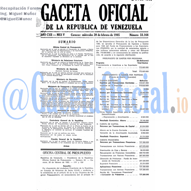 Gaceta Oficial 33168 del 20 Febrero 1985
