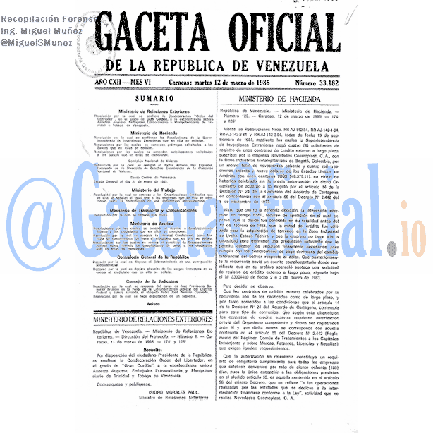 Gaceta Oficial 33182 del 12 Marzo 1985