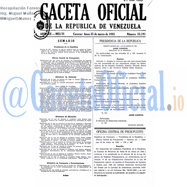 Gaceta Oficial 33191 del 25 Marzo 1985