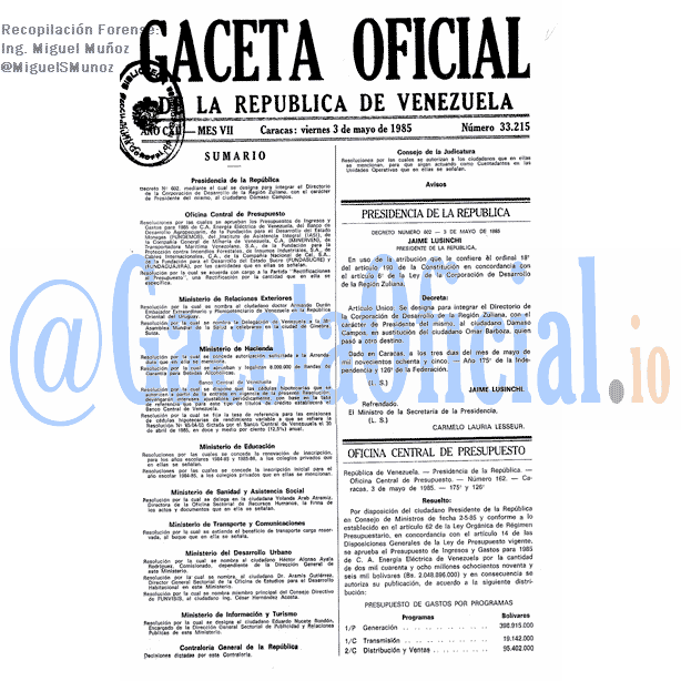 Gaceta Oficial 33215 del 3 Mayo 1985