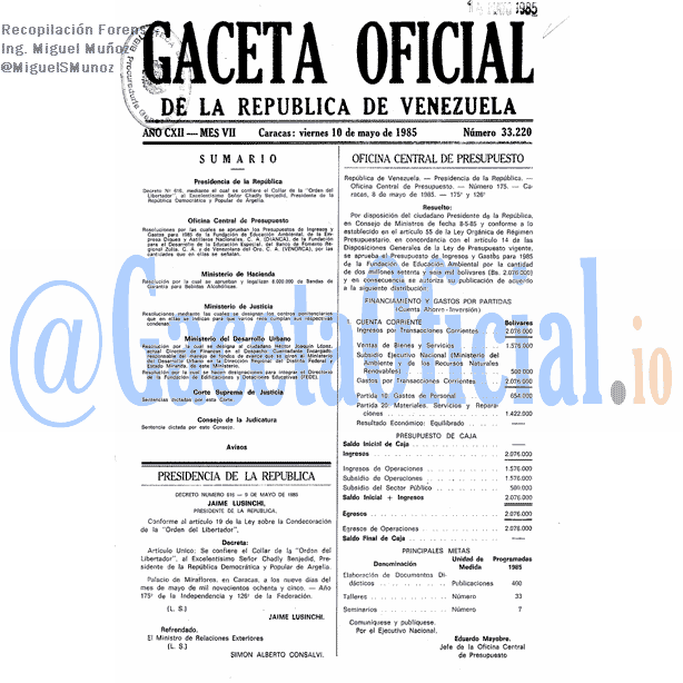 Gaceta Oficial 33220 del 10 Mayo 1985
