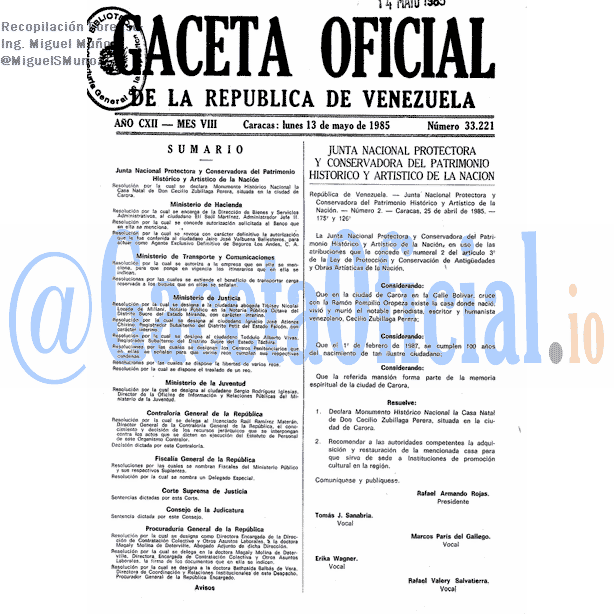 Gaceta Oficial 33221 del 13 Mayo 1985