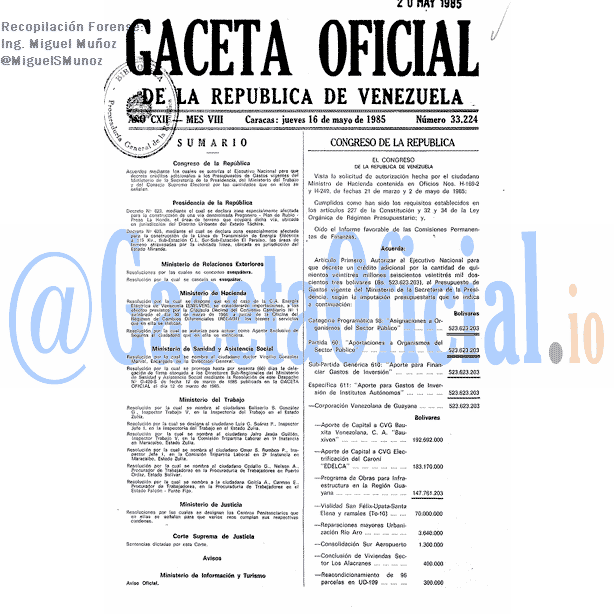 Gaceta Oficial 33224 del 16 Mayo 1985