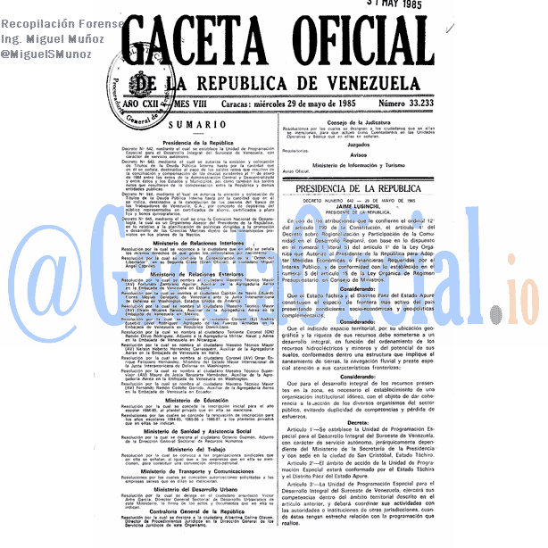 Gaceta Oficial 33233 del 29 Mayo 1985