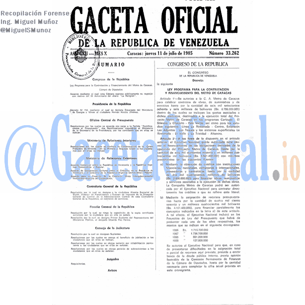 Gaceta Oficial 33262 del 11 Julio 1985