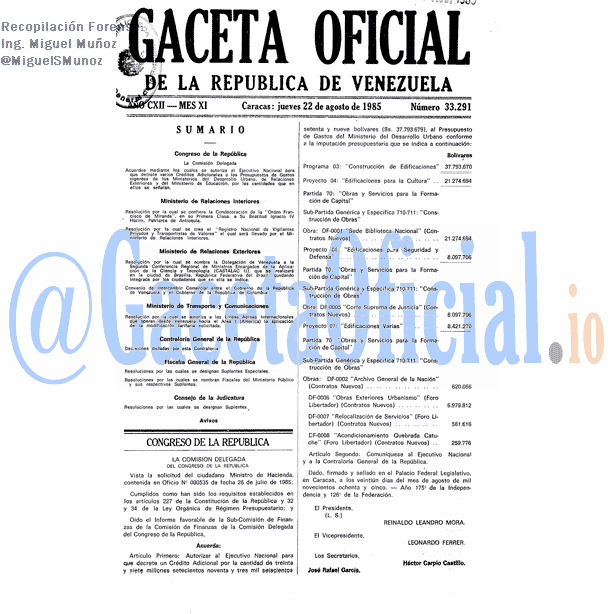 Gaceta Oficial 33291 del 22 Agosto 1985