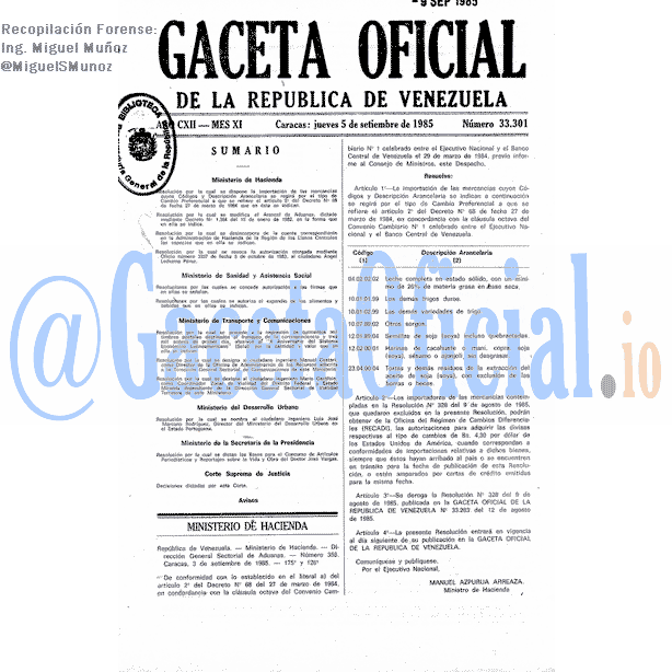 Gaceta Oficial 33301 del 5 Septiembre 1985