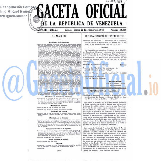 Gaceta Oficial 33316 del 26 Septiembre 1985