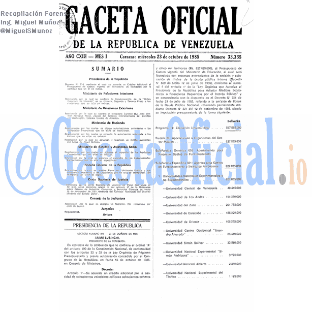 Gaceta Oficial 33335 del 23 Octubre 1985