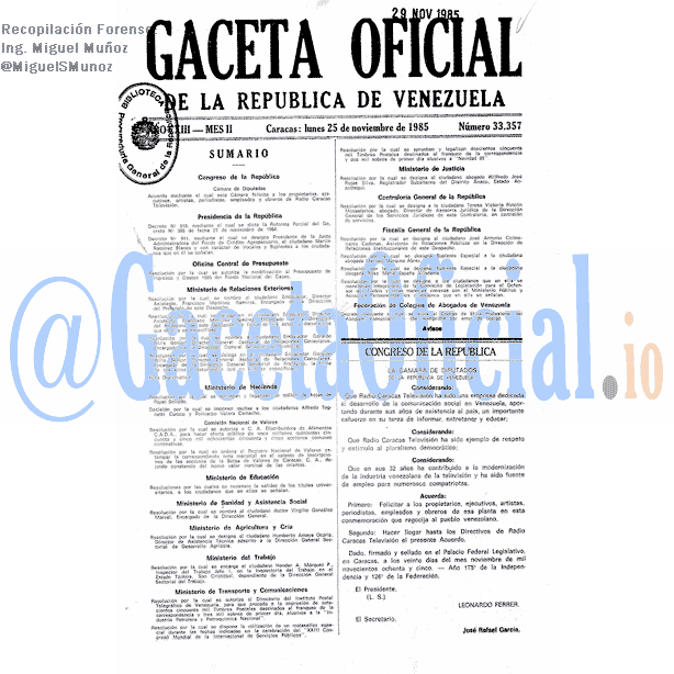 Gaceta Oficial 33357 del 25 Noviembre 1985