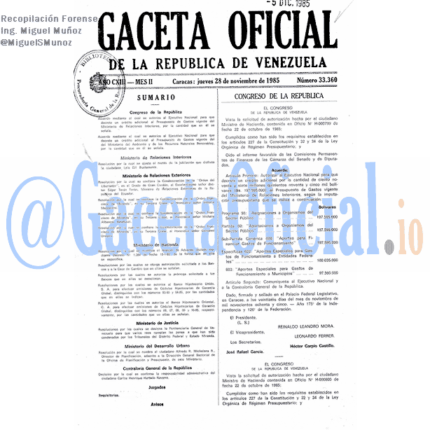 Gaceta Oficial 33360 del 28 Noviembre 1985