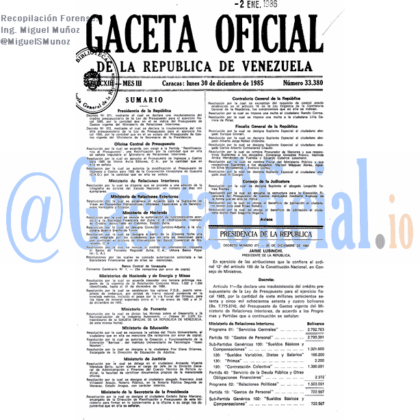 Gaceta Oficial 33380 del 30 Diciembre 1985
