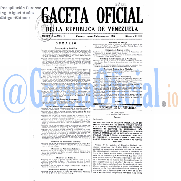 Gaceta Oficial 33381 del 2 Enero 1986