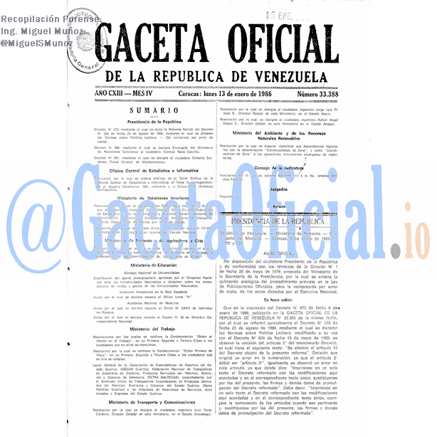 Gaceta Oficial 33388 del 13 Enero 1986