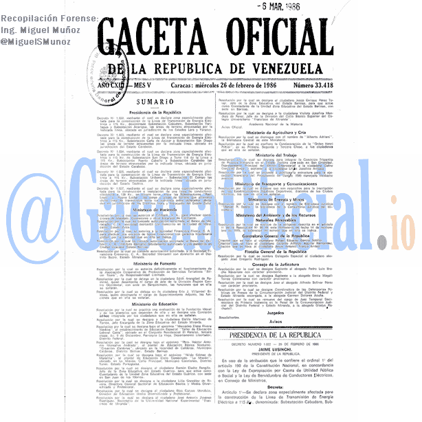 Gaceta Oficial 33418 del 26 Febrero 1986