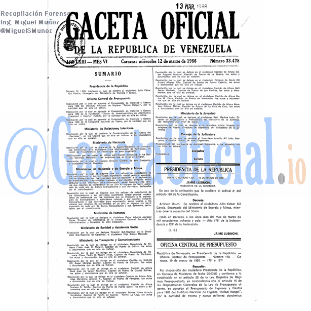 Gaceta Oficial 33428 del 12 Marzo 1986